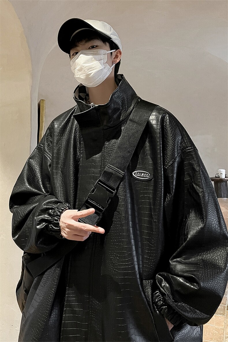 港风两面穿夹克男大码格子PU皮鳄鱼纹皮衣男外套JK8753P110控149,男装夹克,星座226-1
