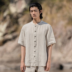 纯亚麻夏季薄款宽松短袖上衣风复古唐装盘扣衬衫男CS02，男装T恤，星座704A（原B229A）