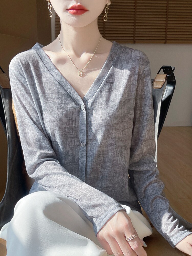 v领新款针织女长袖花色简约百搭宽松开衫上衣,针织衫/毛衣,绒宛羊绒