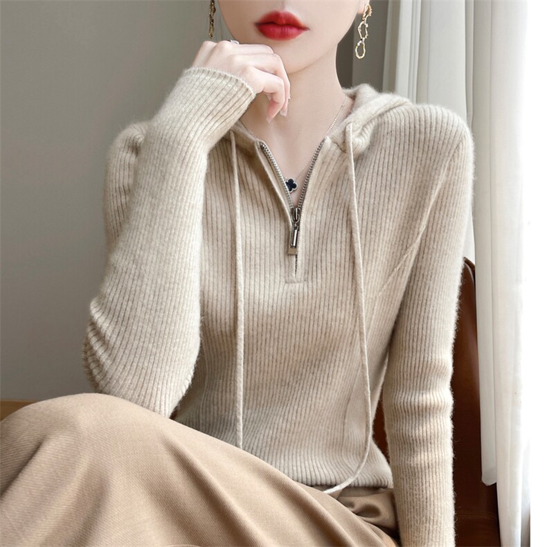 100%纯羊毛衫女半拉链帽衫坑条长袖连帽羊绒衫宽松针织衫抽绳毛衣,女装羊毛衫,九嘉羊绒