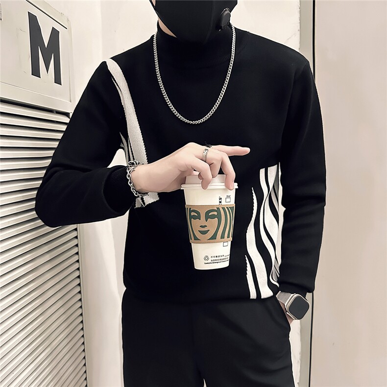 社会小伙痞帅修身男拼色套头毛衣社会小伙店主风301C-M38P78控108图片