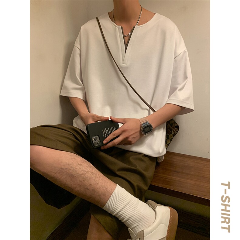 短袖男港风暖光体恤夏季休闲百搭纯色V领T恤男上衣TC3134-P30控50图片