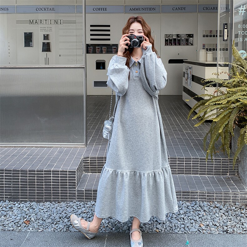 休闲减龄灰色卫衣连衣裙女春秋超火好看高级小众长裙子假两件套装图片