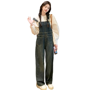 港风复古工装牛仔背带裤女春秋2025新款宽松慵懒风绝美炸街阔腿裤图片