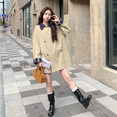 卡其色复古撞色格纹拼接风衣外套女春秋2025新款独特超好看高级感，女装风衣，2C037