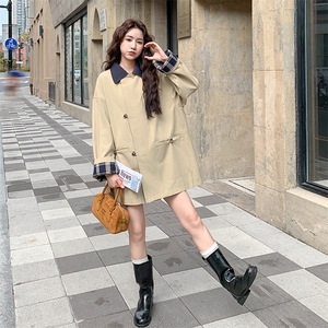 卡其色复古撞色格纹拼接风衣外套女春秋2025新款独特超好看高级感图片