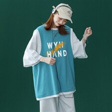 中性风夏季潮流时尚印花情侣假两件背心+T恤T502P35控48，男装T恤，A247A