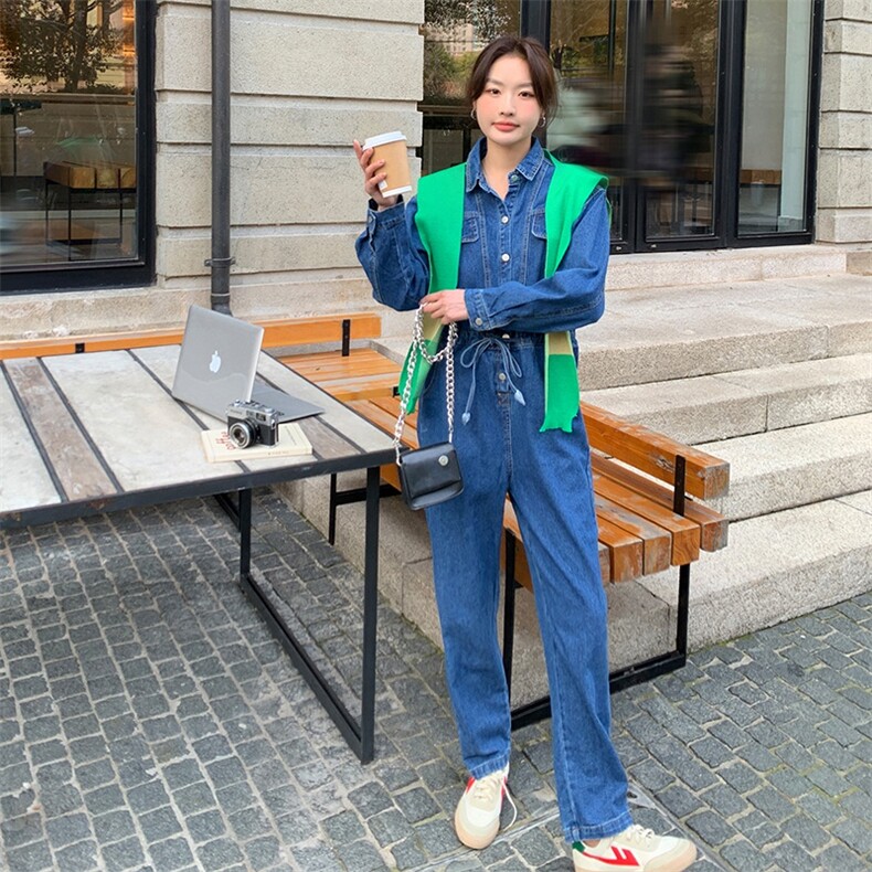 牛仔连体裤女2023春季新款宽松显瘦收腰阔腿裤连衣裤女（带披肩）,女装连体裤,辉之琳