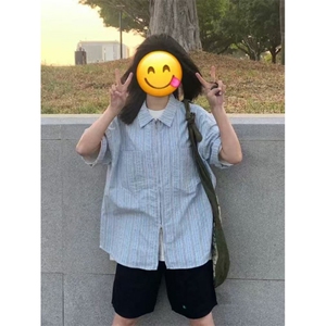 港风街头短袖衬衫夏季半袖上衣条纹宽松百搭开衫衬衣513DC1926P37图片