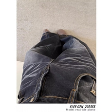 美式复古黑色弯刀牛仔裤2025春新款街头廓形做旧水洗拖地阔腿裤，男装牛仔裤，星座506A