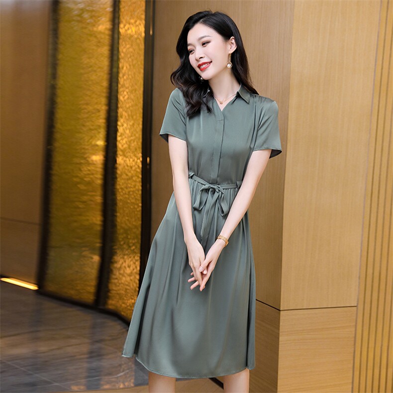 双绉真丝连衣裙夏天大牌气质纯色高档贵夫人大码中年妈妈丝绸裙子,女装连衣裙,阿舍尔精品