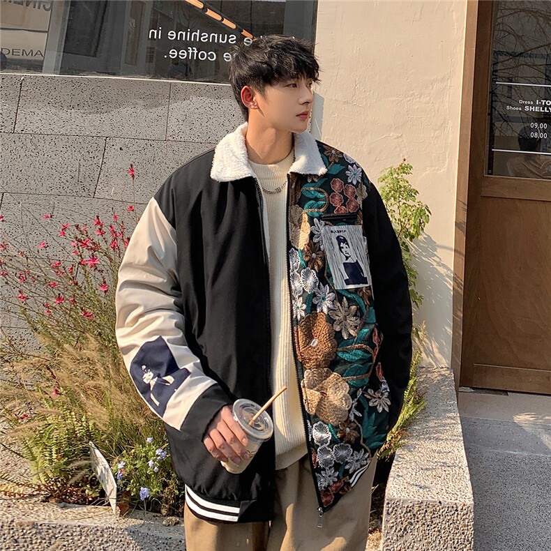 1港风外景刺绣拼接翻领羊羔毛大码M-5XL棉衣外套男8723P110控148，男装棉衣，星座226-2