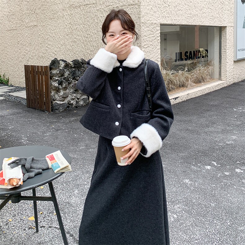 赫本风优雅拼接毛领羽绒内胆加厚半裙套装F698-P215-K328,女装套装/套裙,2C255