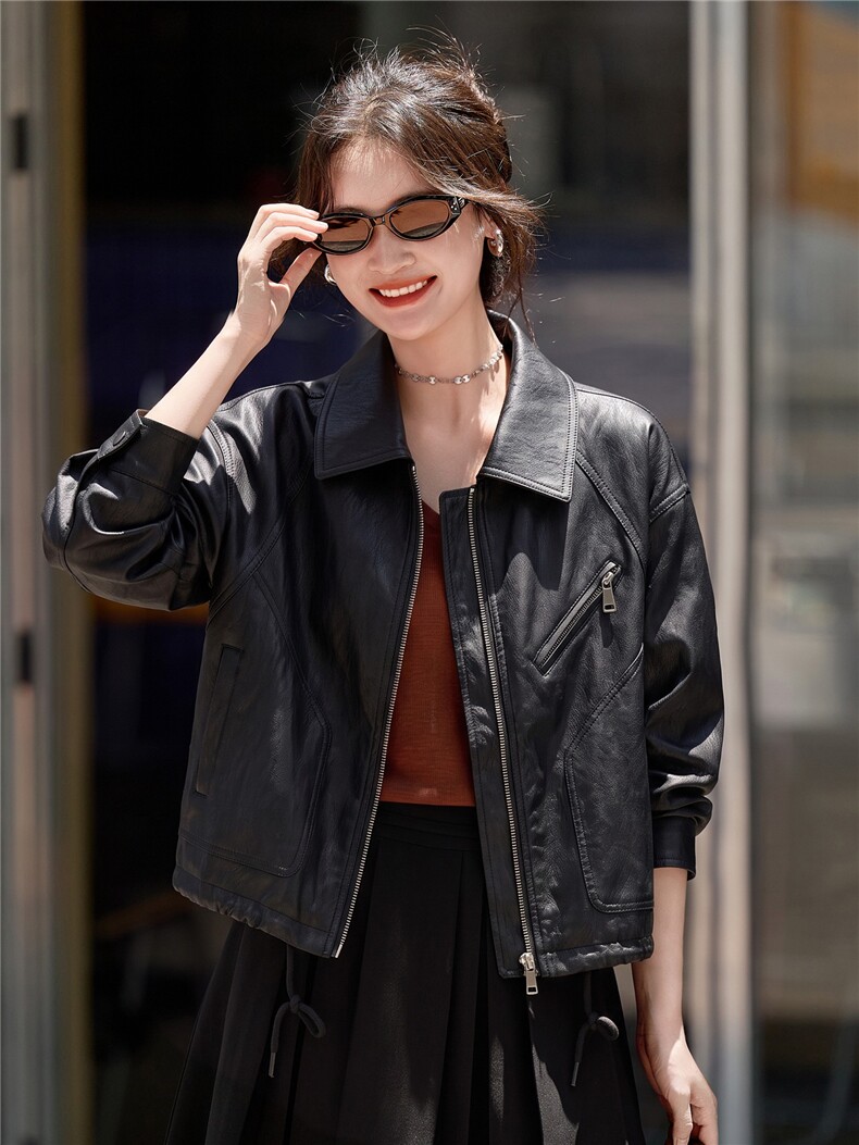 2026秋季棕色短款油蜡皮复古宽松立领小个子休闲外套女2639,女装皮衣,潮流依族