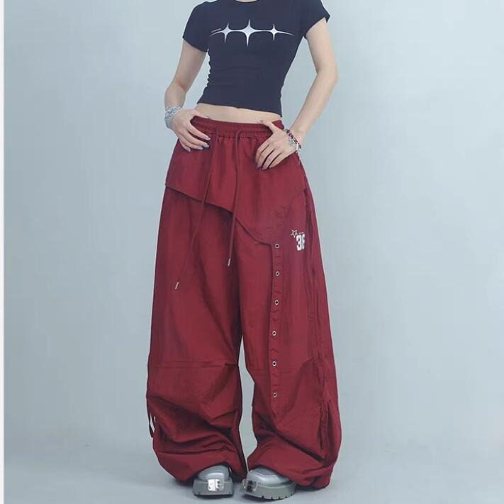 美式复古军绿色工装裤街舞爵士嘻哈设计感速干褶皱休闲直筒裤潮牌，女装休闲裤，星座1210-1