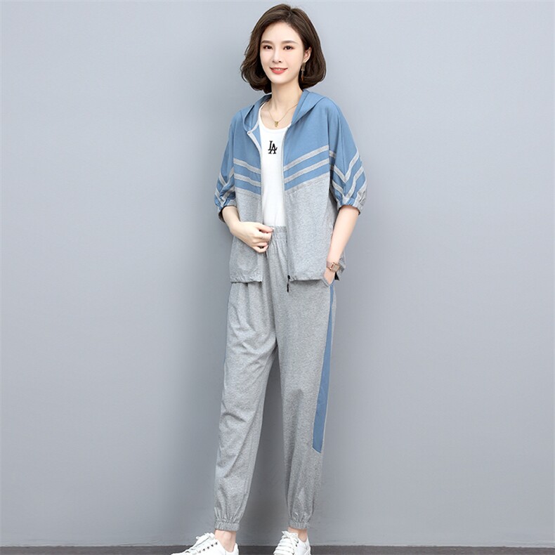 2024夏季新款简约时尚气质减龄连帽宽松休闲舒适套装,女装套装/套裙,独衣靓