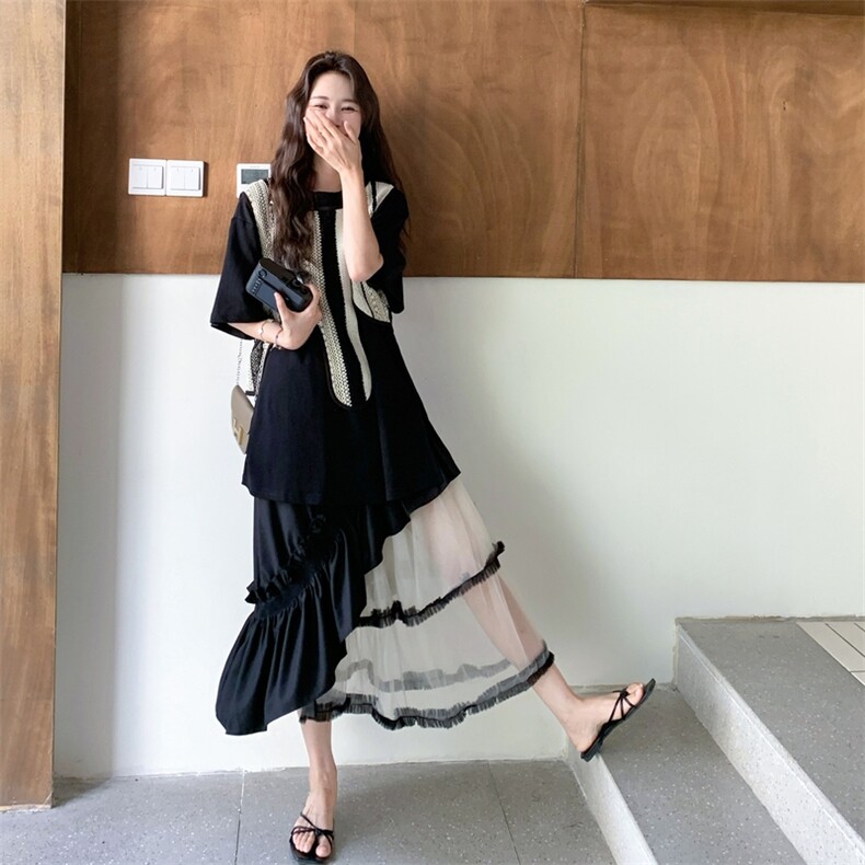 法式时尚设计感套装女2025年夏季撞色马甲T恤半身裙三件套,女装套装/套裙,2C275