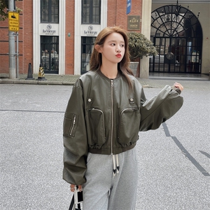 军绿色皮衣外套女2025秋季新款美式街头宽松休闲短款PU机车皮夹克图片