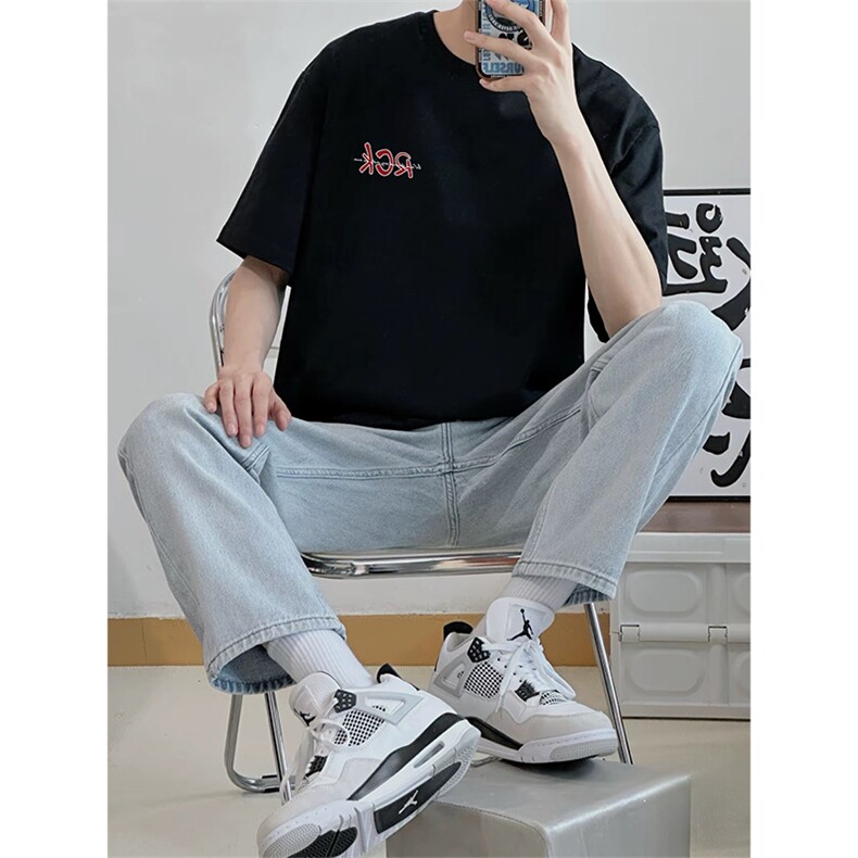 抖音得物 210克现货宽松纯棉美式潮牌印花落肩袖纯棉T恤AT21109图片
