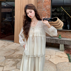 超仙时尚雪纺套装女2026春夏新款半透减龄长袖防晒阔腿裙裤两件套，女装套装/套裙，衣秀之家