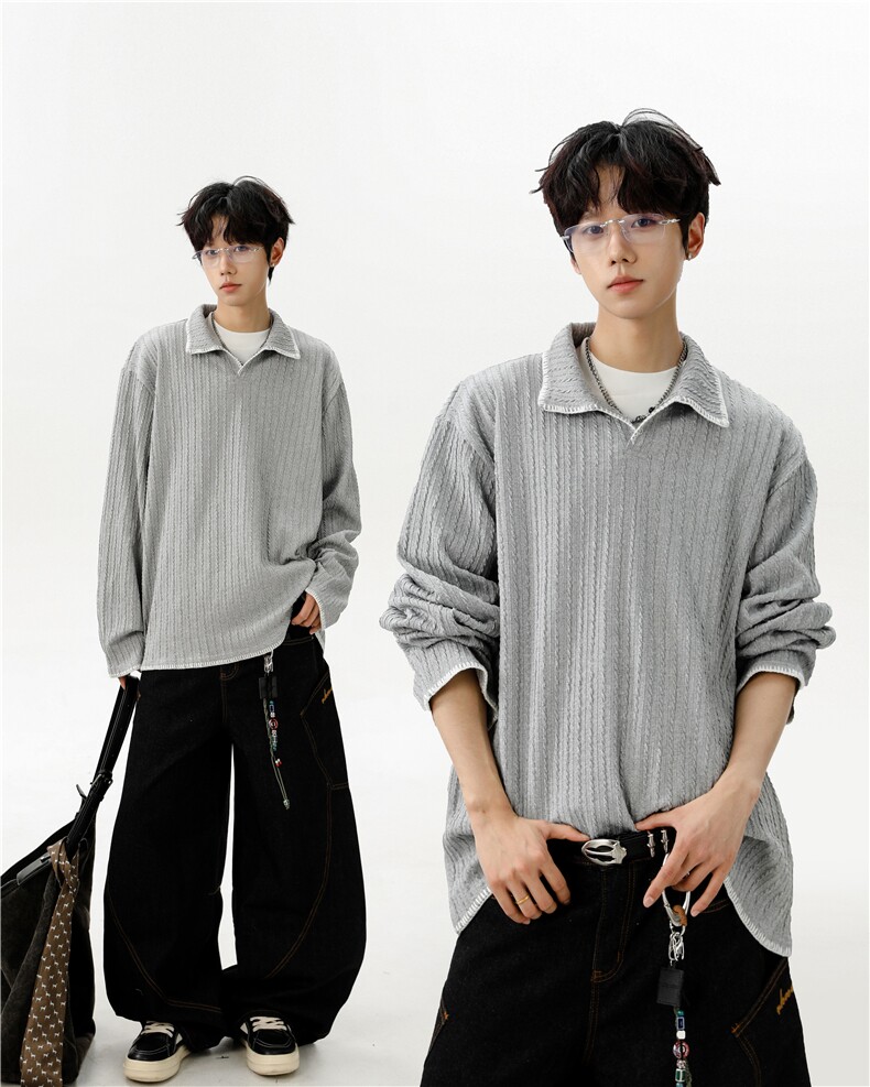 美式简约翻领亨利领百搭设计麦穗纹手缝线polo衫长袖卫衣WY02TP40，男装Polo衫，电商B318