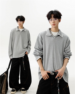 美式简约翻领亨利领百搭设计麦穗纹手缝线polo衫长袖卫衣WY02TP40,男装Polo衫,电商B318