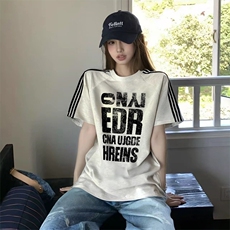 抖音得物品质二开240克宽松纯棉美式潮牌印花三条杠中性风短袖T恤，男装T恤，电商A486