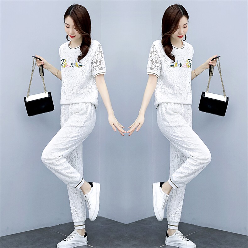 欧货洋气休闲时尚套装女2023年夏装新款蕾丝束脚裤两件套减龄显瘦,女装套装/套裙,梦依杭