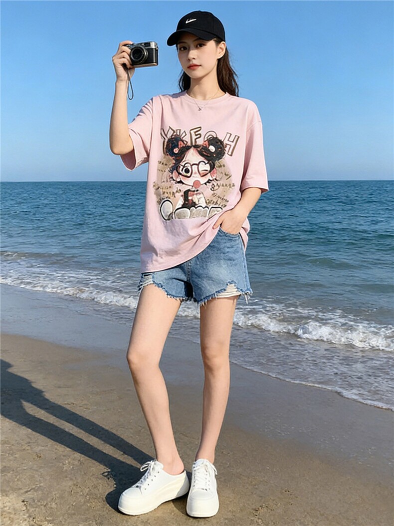 盐系穿搭休闲时尚套装女夏新款设计感圆领印花短袖牛仔短裤两件套,女装套装/套裙,江南
