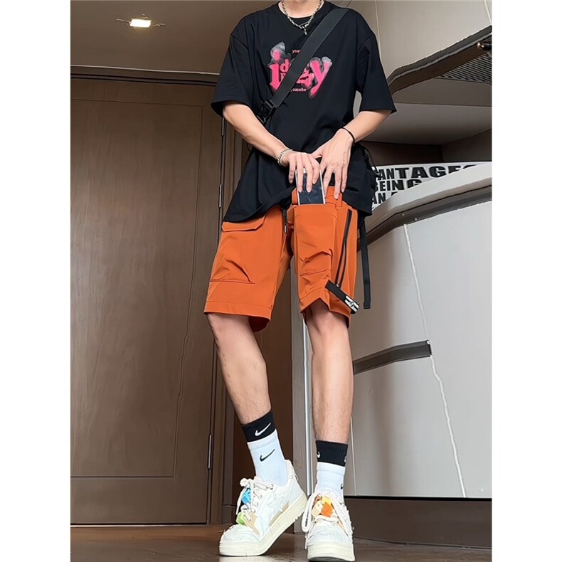 美式橙色大码工装冲锋短裤男夏季青少年穿搭侧拉链冰丝速干五分裤,男装牛仔裤,星座506A