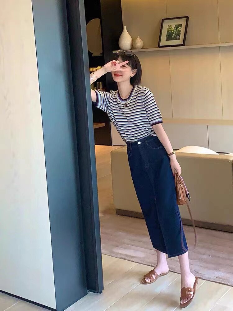 时尚蓝莓紫条纹短袖精纺仿羊毛针织衫显瘦百搭女款上衣,针织衫/毛衣,雪真羊绒