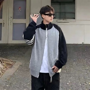 重磅秋冬北极绒开衫毛衣美式复古休闲慵懒风撞色立领针织衫外套图片