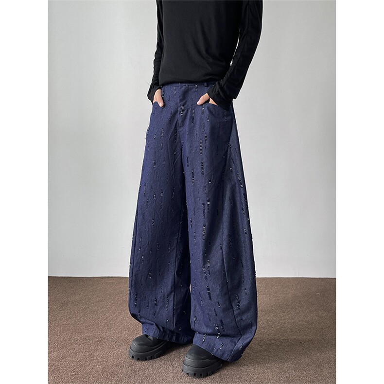 春秋男士韩系设计款牛仔割洞提花重工水洗牛仔裤宽松裤子，男装牛仔裤，电商B319