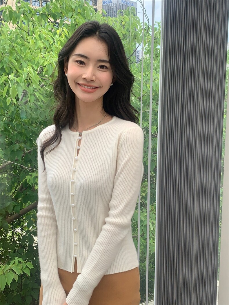 秋冬新款圆高领女纽扣修身开衫上衣针织衫百搭,针织衫/毛衣,玛卡隆羊绒