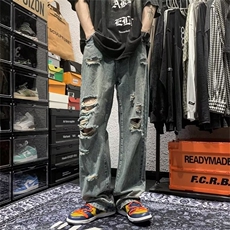 高街hiphop复古破洞牛仔裤男宽松直筒裤ins潮牌阔腿裤NK3021-P43，男装牛仔裤，星座1008