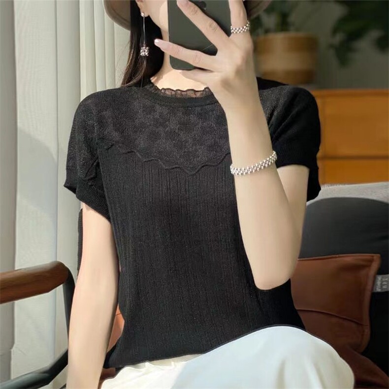白色短袖t恤女2025新款小香风别致立体钩花夏季蕾丝冰丝针织上衣,针织衫/毛衣,萱芳婷羊绒