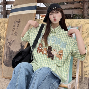 CEDY夏季美式童趣小熊刺绣格子翻领短袖衬衫美拉德古着学院衬衣图片