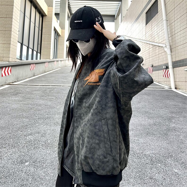 秋冬美式街头复古水洗字母刺绣棒球服夹克男嘻哈宽松小众高街外套,男装夹克,星座506A