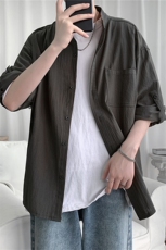 C1020/P28夏季衬衣立领五分中袖潮男士短袖衬衫七分袖大码男控49，男装衬衫，电商A141