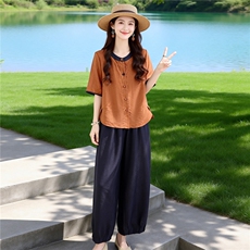 夏季新款简约通勤撞色宽松透气上衣裤子两件套装显高显瘦松弛套装，女装套装/套裙，芷墨服饰