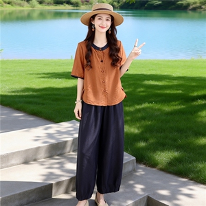 夏季新款简约通勤撞色宽松透气上衣裤子两件套装显高显瘦松弛套装图片