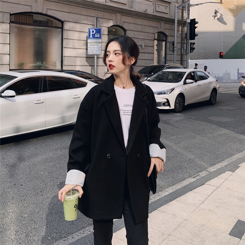 黑色西装毛呢外套女秋冬2022新款宽松休闲小个子加厚短款呢子大衣图片