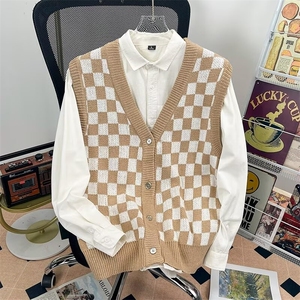 棋盘格子马甲背青少年男女春秋季开衫韩版外搭v领毛衣针织上衣，男装针织衫/毛衣，星座1013