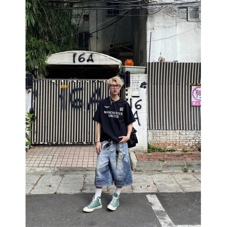 DKN47LL-P60美式复古贴画印花牛仔短裤男宽松直筒七分裤,男装牛仔裤,星座1007（原301D）