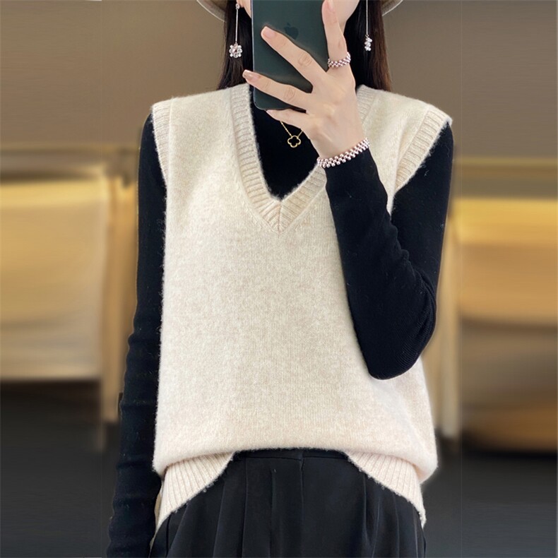 安迪绒七针V领马甲2024年秋季简约套头针织衫,女装马甲,桦兴羊绒