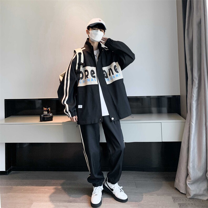 春季新款深度库存青少年大码宽松立领印花港风休闲套装男TZD15P90,男装休闲套装,电商B226