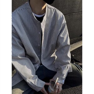 1506/QC660/P40黑白竖条纹衬衫男高级亨利领衬衣宽松痞帅长袖外套图片