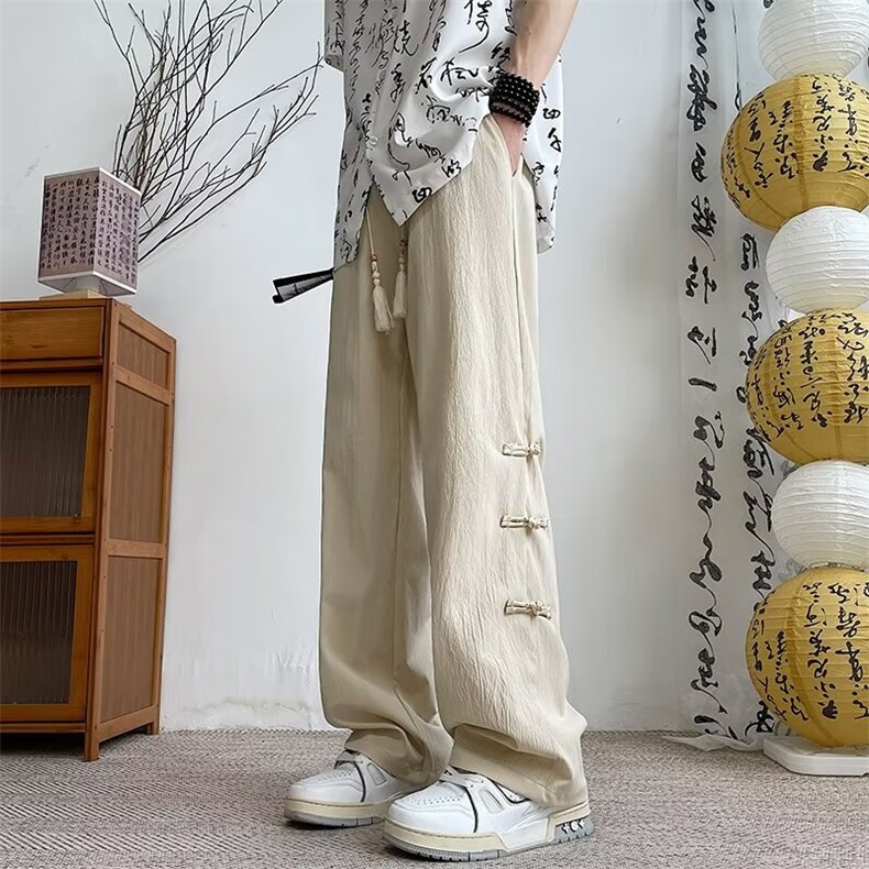 新中式风冰丝裤子男士夏季垂感宽松直筒阔腿休闲长裤KM968,男装休闲裤,星座1116A-1（原606A）