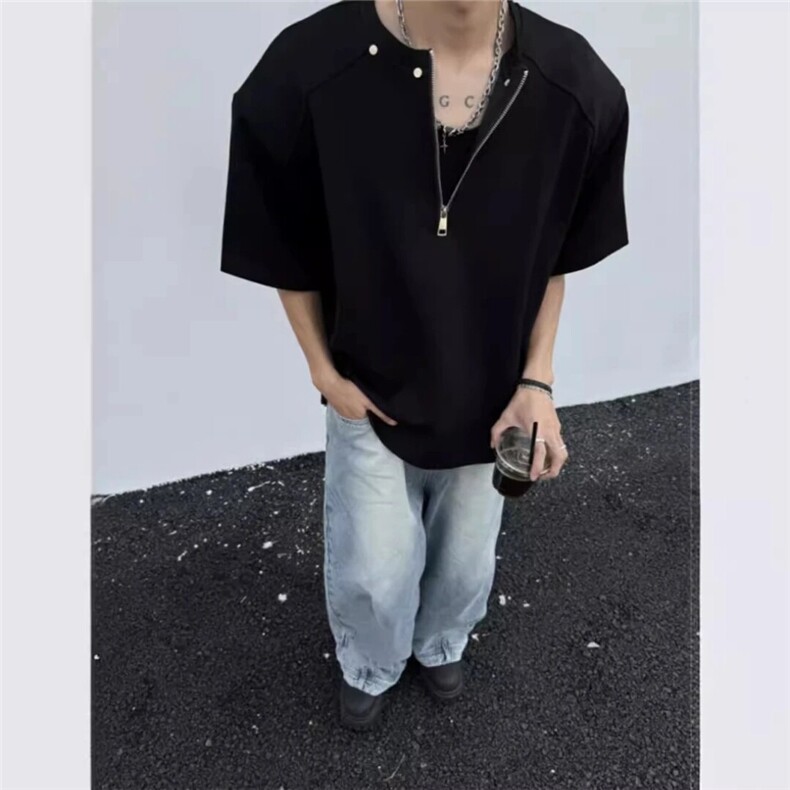 重磅正肩美式短袖T恤拉链半袖上衣曼巴棉310A-4-T104-P26,男装T恤,星座310A-4