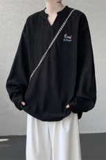 新款美式复古V领腊肠狗刺绣肌理感大码长袖T恤男T51122-特P28控48，男装T恤，电商A001